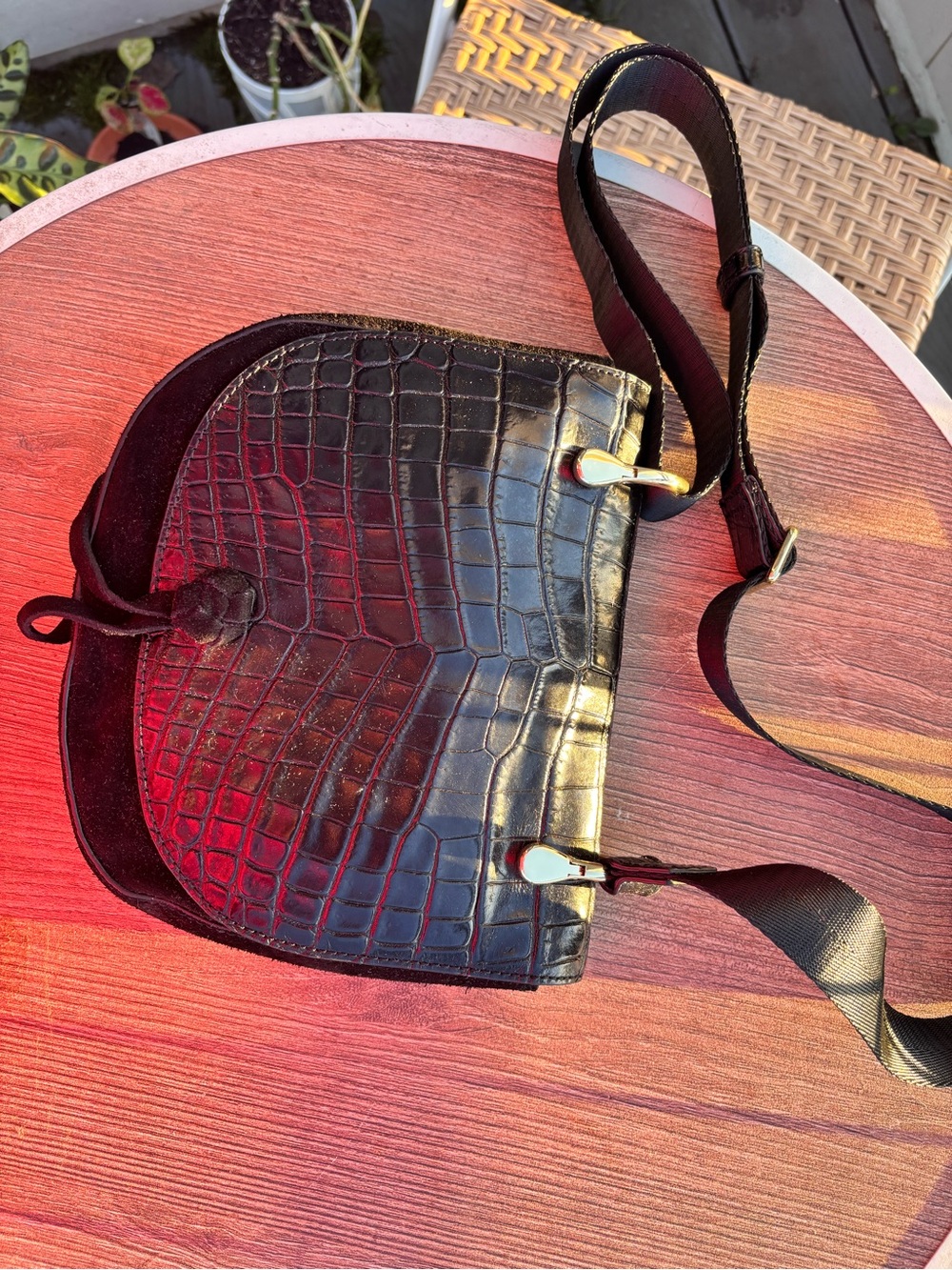 Elizabeth and James Black Croc-Embossed Leather Crossbody Bag with dust bag